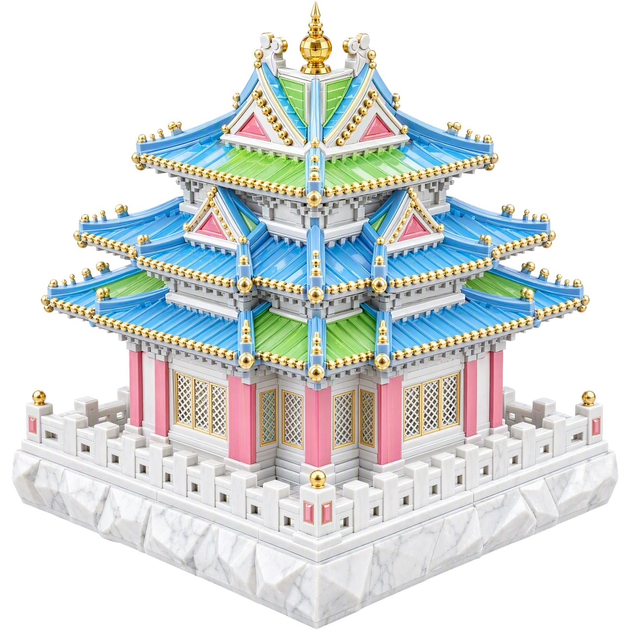 The Basalt corner tower, with white marble, blue and green roofs, pink columns, and gold details